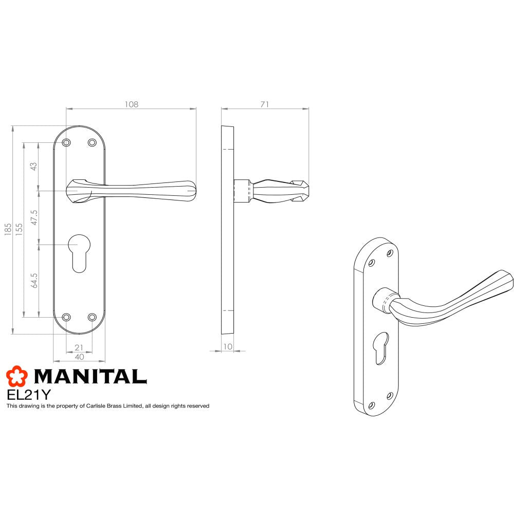 This image is a line drwaing of a Manital - Astro Lever on Euro Lock Backplate - Satin Chrome available to order from Trade Door Handles in Kendal