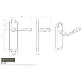 This image is a line drwaing of a Manital - Astro Lever on Latch Backplate - Polished Brass available to order from Trade Door Handles in Kendal