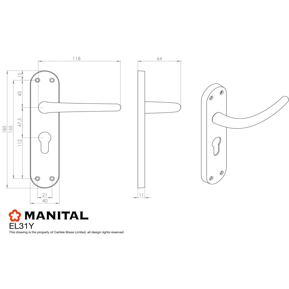 This image is a line drwaing of a Manital - Lilla Lever on Euro Lock Backplate - Satin Chrome available to order from Trade Door Handles in Kendal