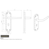 This image is a line drwaing of a Manital - Lilla Lever on Lock Backplate - Polished Chrome available to order from Trade Door Handles in Kendal