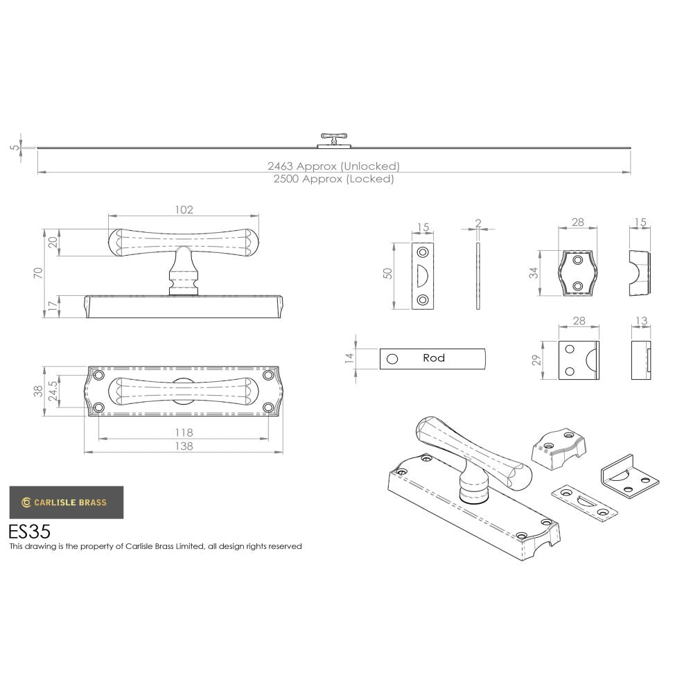 This image is a line drwaing of a Carlisle Brass - Espagnolette Bolt Tee Knob Set - Satin Chrome available to order from T.H Wiggans Architectural Ironmongery in Kendal in Kendal