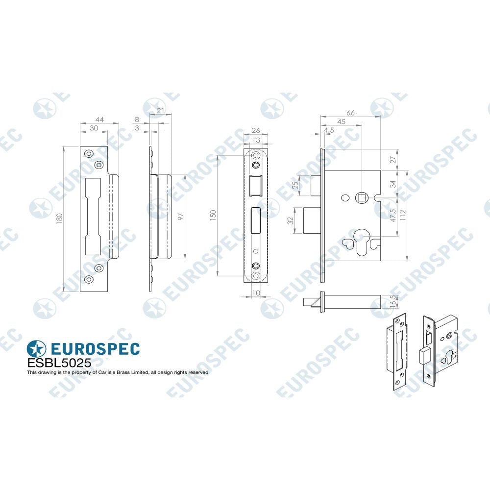 This image is a line drwaing of a Eurospec - Euro Profile High Security Cylinder Sashlock (replacement lock case o available to order from T.H Wiggans Architectural Ironmongery in Kendal