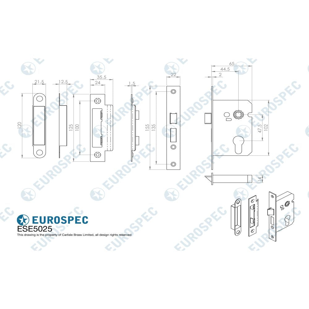 This image is a line drwaing of a Eurospec - Easi-T Economy Euro Profile Sashlock 64mm - Electro Brassed available to order from T.H Wiggans Architectural Ironmongery in Kendal