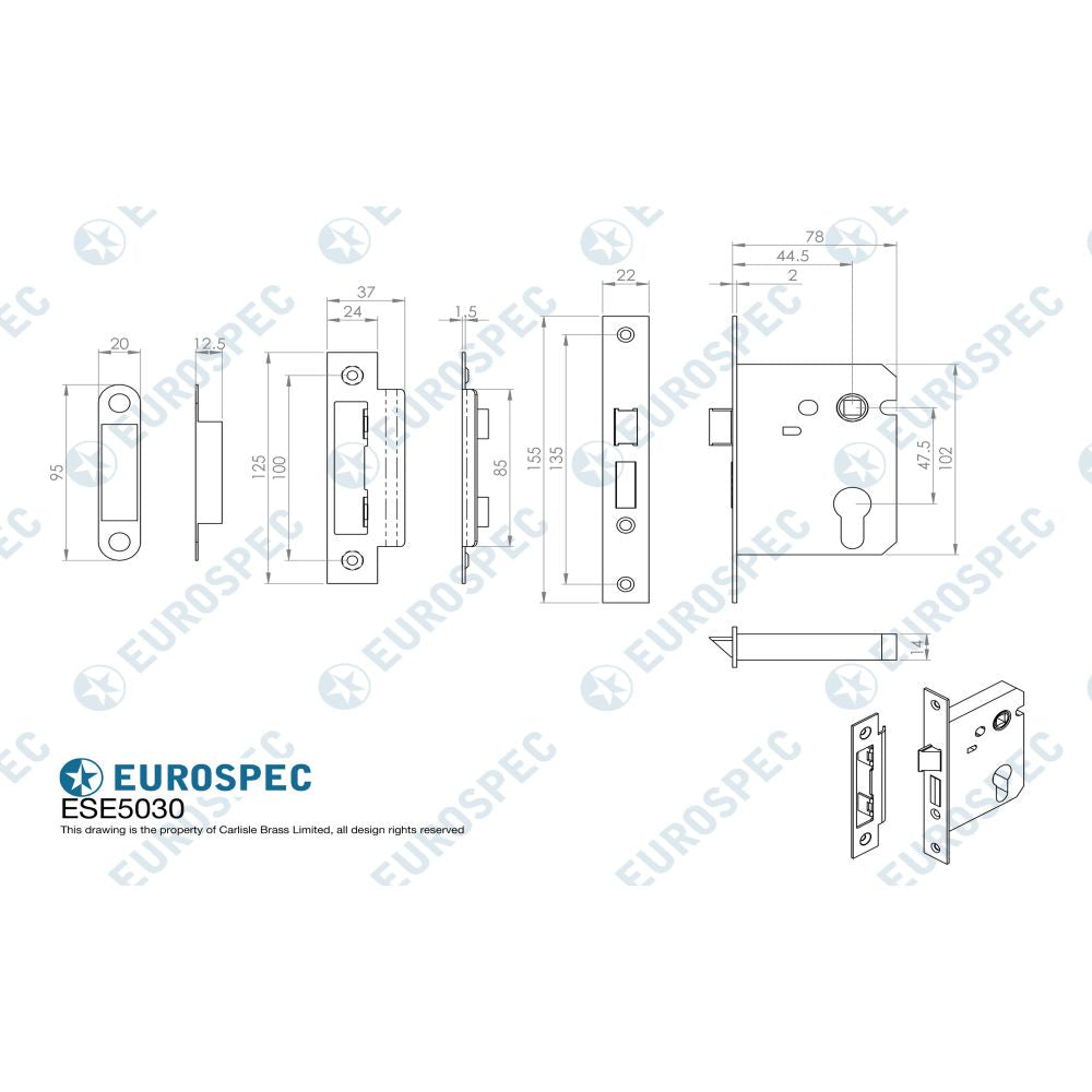 This image is a line drwaing of a Eurospec - Easi-T Economy Euro Profile Sashlock 76mm - Satin Nickel available to order from T.H Wiggans Architectural Ironmongery in Kendal