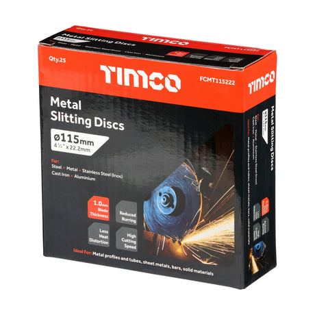 This is an image showing TIMCO Bonded Abrasive Disc - For Cutting - 115 x 22.2 x 1.0 - 25 Pieces Box available from T.H Wiggans Ironmongery in Kendal, quick delivery at discounted prices.