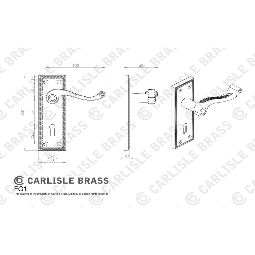 This image is a line drwaing of a Carlisle Brass - Georgian Lever on Lock Backplate - Polished Brass available to order from Trade Door Handles in Kendal