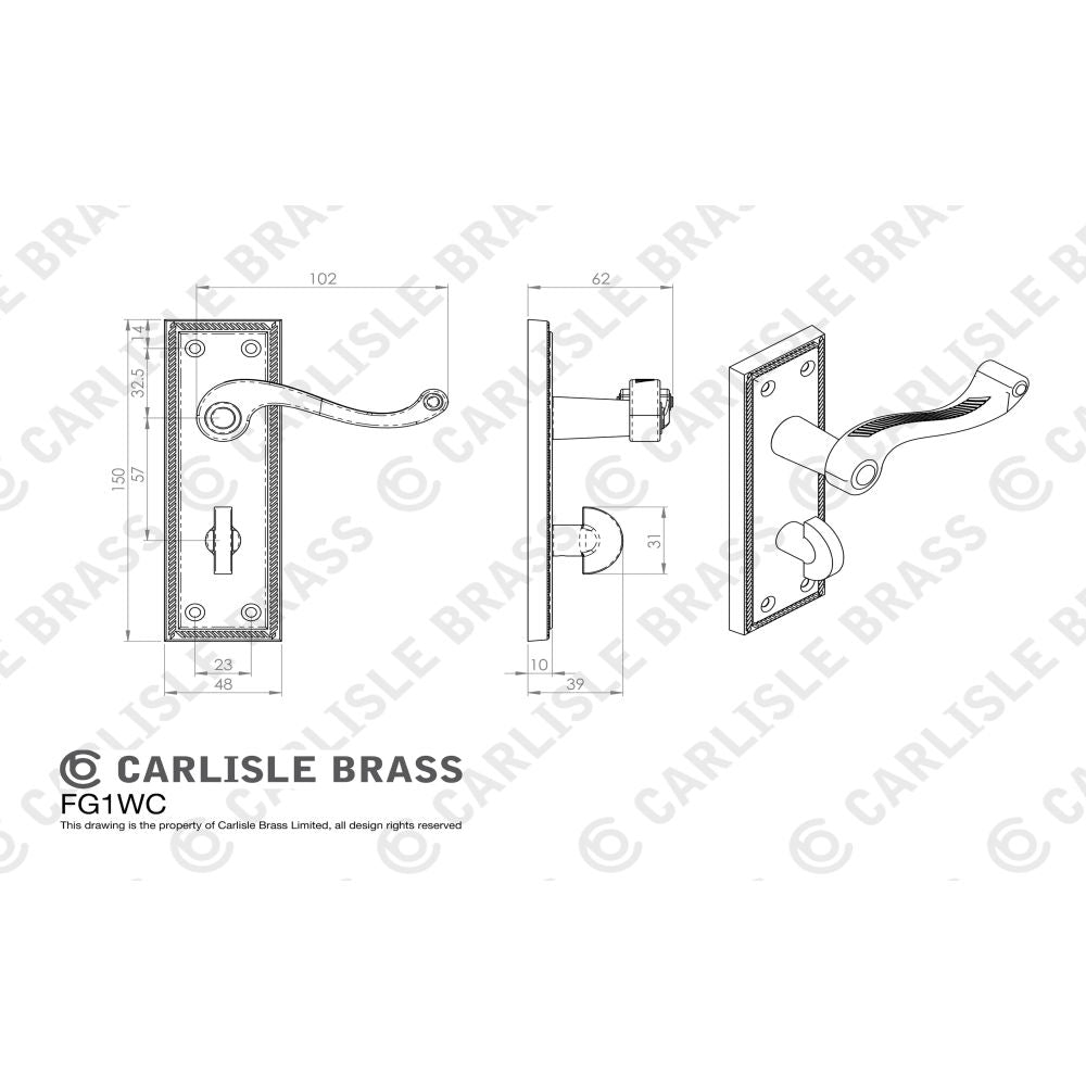 This image is a line drwaing of a Carlisle Brass - Georgian Lever on WC Backplate - Polished Brass available to order from Trade Door Handles in Kendal