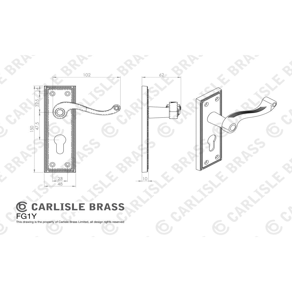 This image is a line drwaing of a Carlisle Brass - Georgian Lever on Euro Lock Backplate - Polished Brass available to order from Trade Door Handles in Kendal