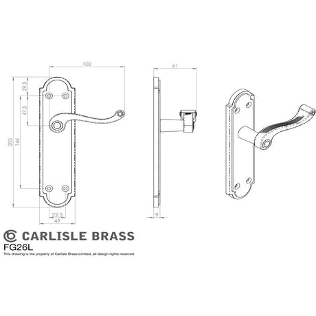 This image is a line drwaing of a Carlisle Brass - Georgian Lever on Shaped Latch Backplate - Polished Brass available to order from Trade Door Handles in Kendal