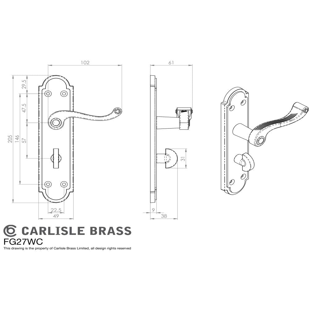 This image is a line drwaing of a Carlisle Brass - Georgian Lever on Shaped WC Backplate - Polished Brass available to order from Trade Door Handles in Kendal