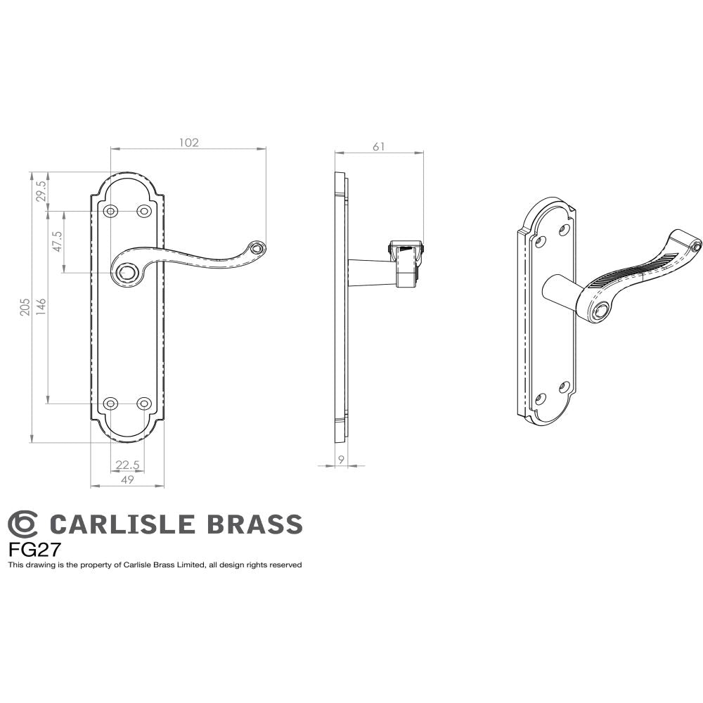 This image is a line drwaing of a Carlisle Brass - Georgian Lever on Shaped Lock Backplate - Polished Brass available to order from Trade Door Handles in Kendal