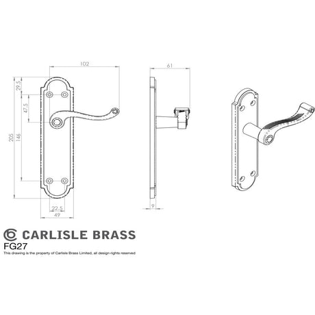 This image is a line drwaing of a Carlisle Brass - Georgian Lever on Shaped Lock Backplate - Polished Brass available to order from Trade Door Handles in Kendal