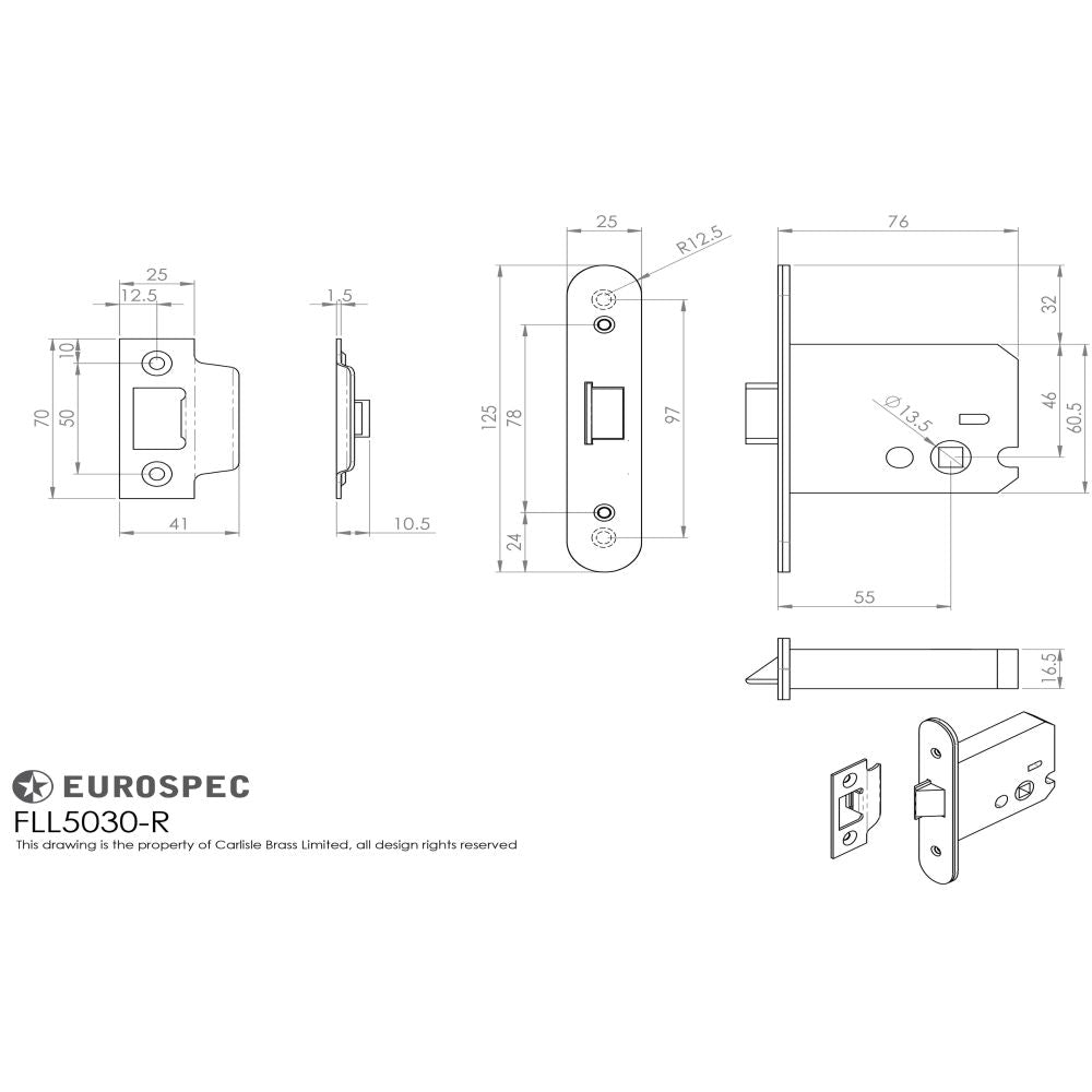 This image is a line drwaing of a Eurospec - Easi-T Flat Latch 76mm Radius - Satin Stainless Steel available to order from T.H Wiggans Architectural Ironmongery in Kendal