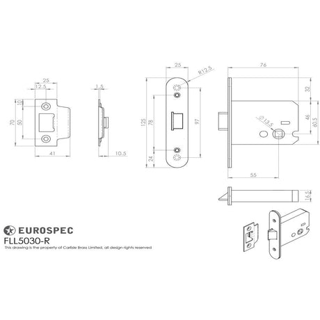 This image is a line drwaing of a Eurospec - Easi-T Flat Latch 76mm Radius - Satin Stainless Steel available to order from T.H Wiggans Architectural Ironmongery in Kendal