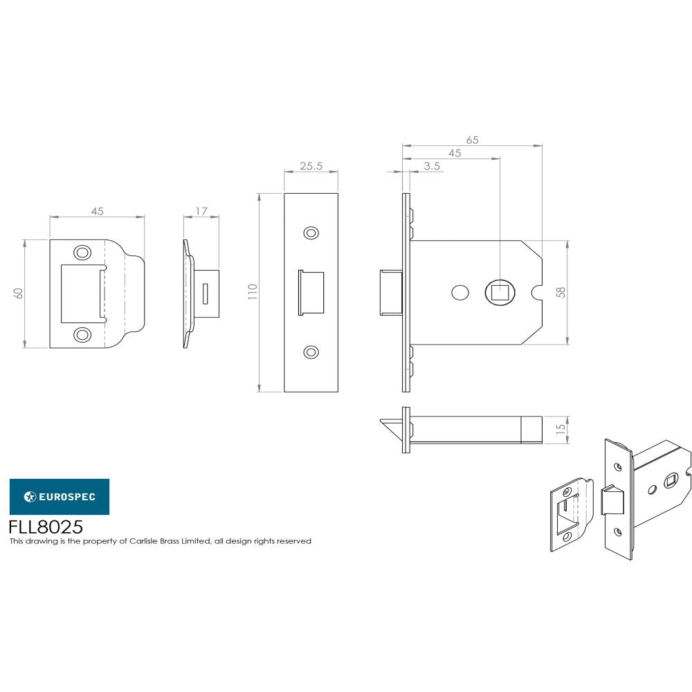 This image is a line drwaing of a Eurospec - Flat Latch 64mm - Satin Chrome Plated available to order from T.H Wiggans Architectural Ironmongery in Kendal