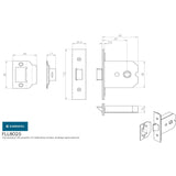 This image is a line drwaing of a Eurospec - Flat Latch 64mm - Satin Chrome Plated available to order from T.H Wiggans Architectural Ironmongery in Kendal