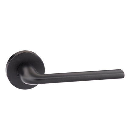 This is an image of Forme Milly Designer Lever on Minimal Round Rose - Matt Black available to order from T.H Wiggans Architectural Ironmongery in Kendal, quick delivery and discounted prices.