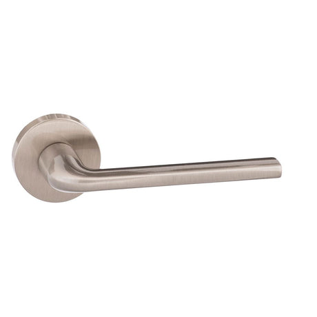 This is an image of Forme Milly Designer Lever on Minimal Round Rose - Satin Nickel available to order from T.H Wiggans Architectural Ironmongery in Kendal, quick delivery and discounted prices.