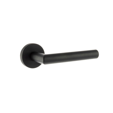 This is an image of Forme Elle Designer Lever on Minimal Round Rose - Matt Black available to order from T.H Wiggans Architectural Ironmongery in Kendal, quick delivery and discounted prices.
