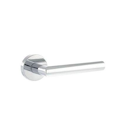 This is an image of Forme Elle Designer Lever on Minimal Round Rose - Polished Chrome available to order from T.H Wiggans Architectural Ironmongery in Kendal, quick delivery and discounted prices.