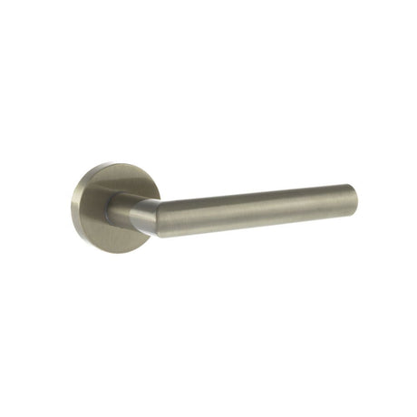 This is an image of Forme Elle Designer Lever on Minimal Round Rose - Satin Nickel available to order from T.H Wiggans Architectural Ironmongery in Kendal, quick delivery and discounted prices.