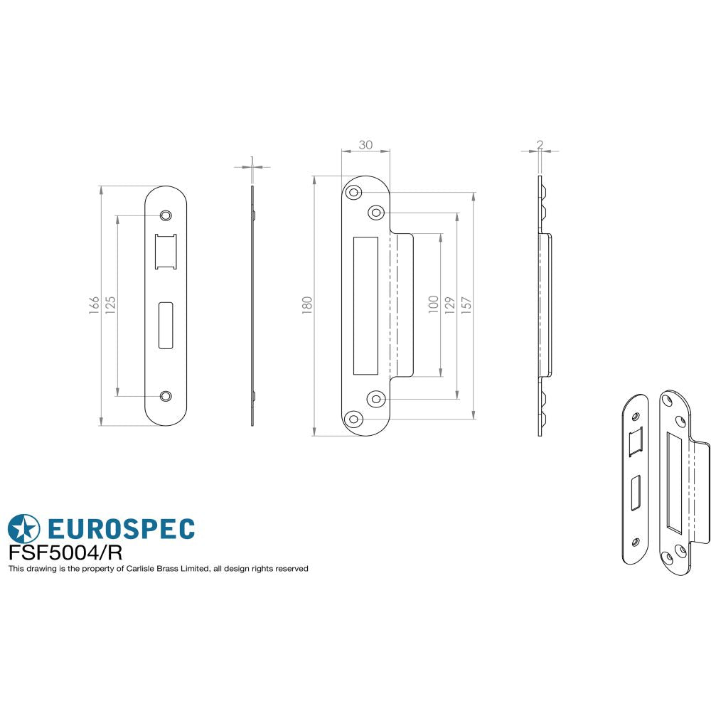 This image is a line drwaing of a Eurospec - Easi - T Forend Strike and Fixing Pack - Radius Forend - Satin Stainl available to order from T.H Wiggans Architectural Ironmongery in Kendal