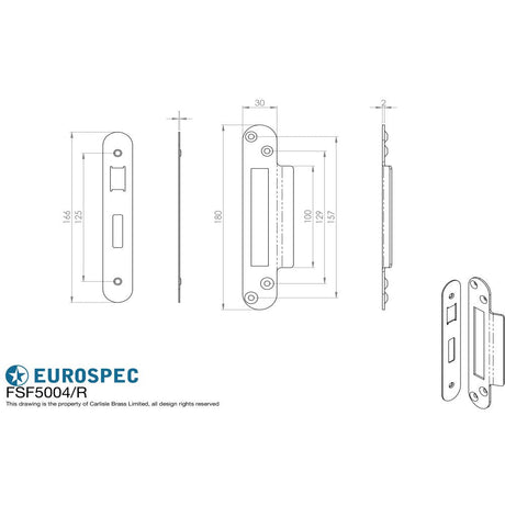 This image is a line drwaing of a Eurospec - Easi - T Forend Strike and Fixing Pack - Radius Forend - Satin Stainl available to order from T.H Wiggans Architectural Ironmongery in Kendal