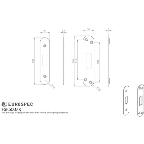 This image is a line drwaing of a Eurospec - Easi T Forend Strikes & Fixing Pack Deadlocks - Radius Forend - Satin available to order from T.H Wiggans Architectural Ironmongery in Kendal