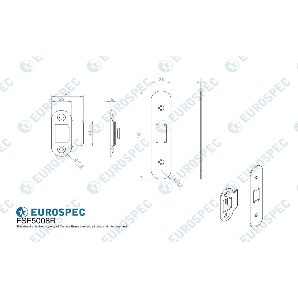 This image is a line drwaing of a Eurospec - Forend Strike & Fixing Pack To Suit Flat Latch FLL5030-Satin Stainles available to order from T.H Wiggans Architectural Ironmongery in Kendal