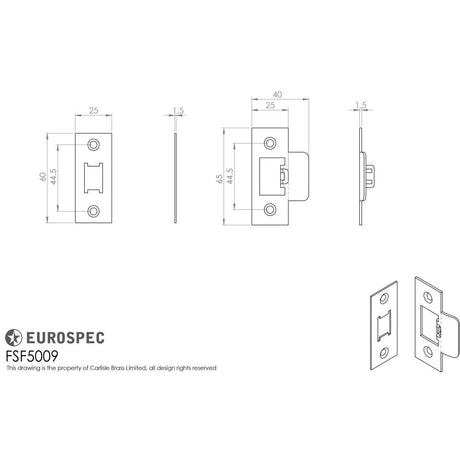 This image is a line drwaing of a Eurospec - Forend Strike & Fixing Pack To Suit Heavy Duty Tubular Latch-Satin St available to order from T.H Wiggans Architectural Ironmongery in Kendal