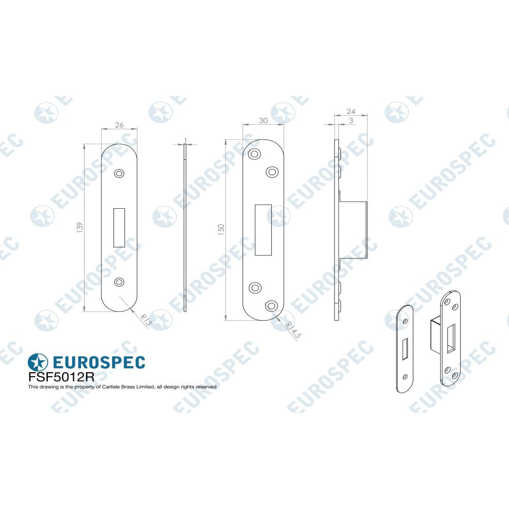 This image is a line drwaing of a Eurospec - Easi T Forend Strikes & Fixing Pack To Suit BS 5 Lever Deadlock-Brigh available to order from T.H Wiggans Architectural Ironmongery in Kendal