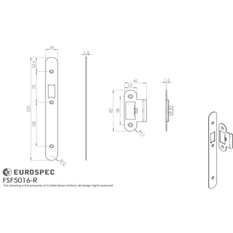 This image is a line drwaing of a Eurospec - Forend Strike and Fixing Pack to suit Din Latch (Security) Radius available to order from T.H Wiggans Architectural Ironmongery in Kendal