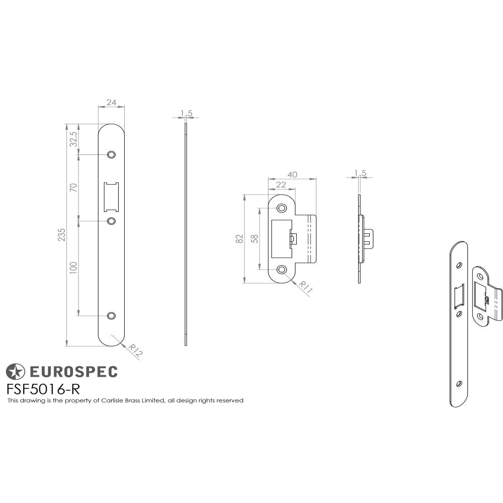 This image is a line drwaing of a Eurospec - Forend Strike & Fixing Pack To Suit Din Latch-Bright Stainless Steel- available to order from T.H Wiggans Architectural Ironmongery in Kendal