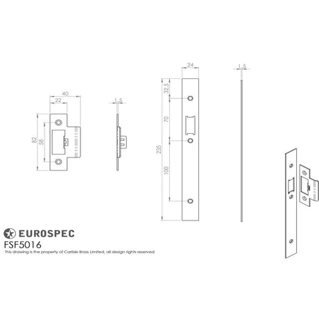 This image is a line drwaing of a Eurospec - Forend Strike & Fixing Pack To Suit Din Latch (Security) available to order from T.H Wiggans Architectural Ironmongery in Kendal