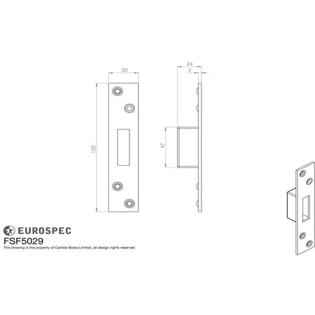 This image is a line drwaing of a Eurospec - Forend Strike & Fixing Pack To Suit BS8621 Cylinder Deadlock-Bright S available to order from T.H Wiggans Architectural Ironmongery in Kendal