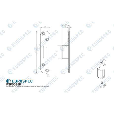 This image is a line drwaing of a Eurospec - Forend Strike & Fixing Pack To Suit BS8621 Cylinder Deadlock-Satin St available to order from T.H Wiggans Architectural Ironmongery in Kendal