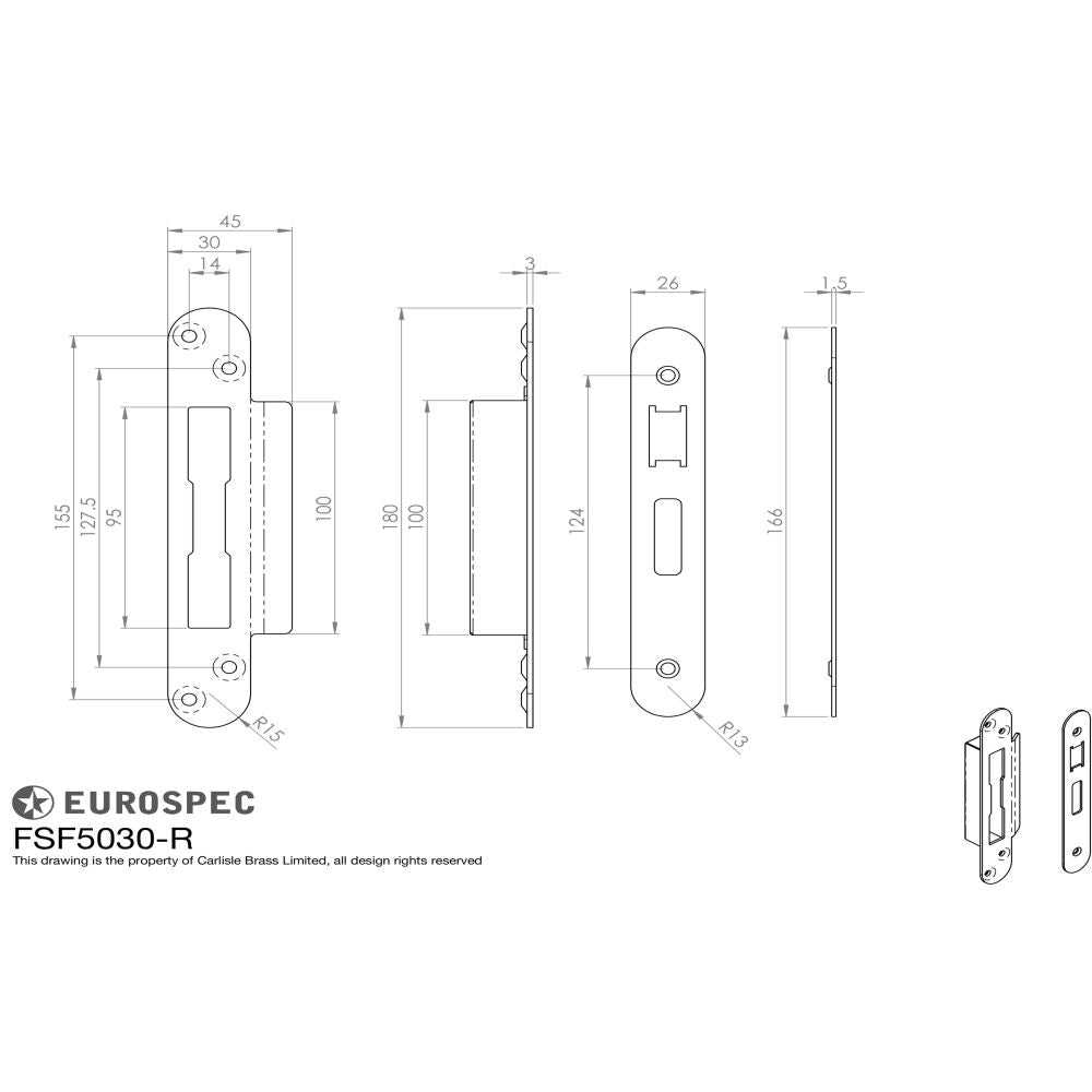 This image is a line drwaing of a Eurospec - Forend Strike & Fixing Pack To Suit BS8621 Cylinder Sashlock-Satin St available to order from T.H Wiggans Architectural Ironmongery in Kendal