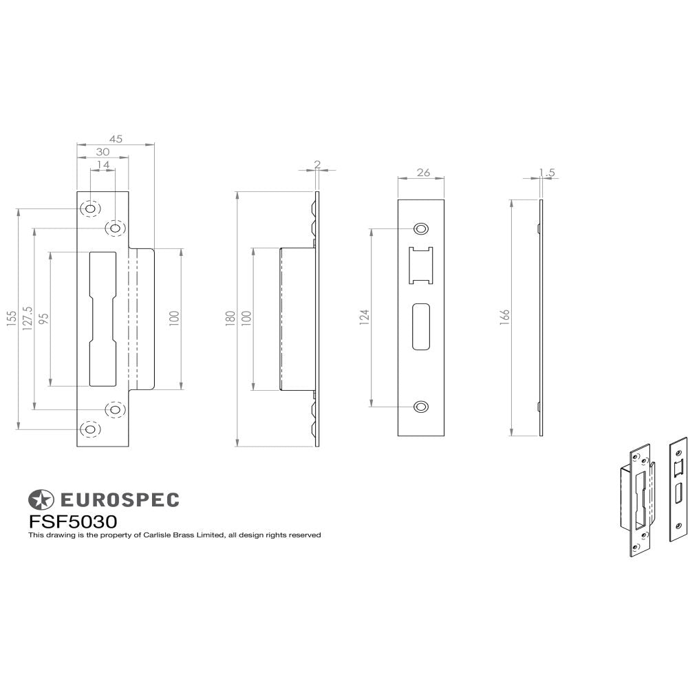 This image is a line drwaing of a Eurospec - Forend Strike & Fixing Pack To Suit BS8621 Cylinder Sashlock-Bright S available to order from T.H Wiggans Architectural Ironmongery in Kendal