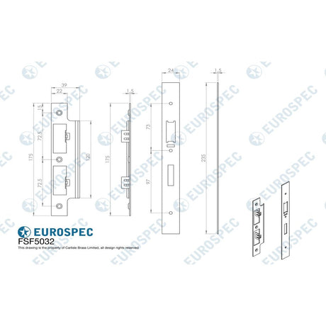 This image is a line drwaing of a Eurospec - Forend Strike & Fixing Pack To Suit Din Escape Lock-PVD-Square Forend available to order from T.H Wiggans Architectural Ironmongery in Kendal