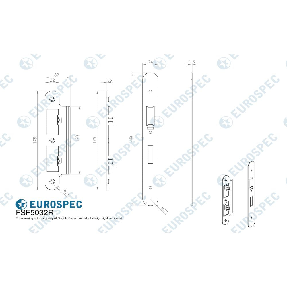 This image is a line drwaing of a Eurospec - Forend Strike & Fixing Pack To Suit Din Escape Lock-Satin Stainless S available to order from T.H Wiggans Architectural Ironmongery in Kendal