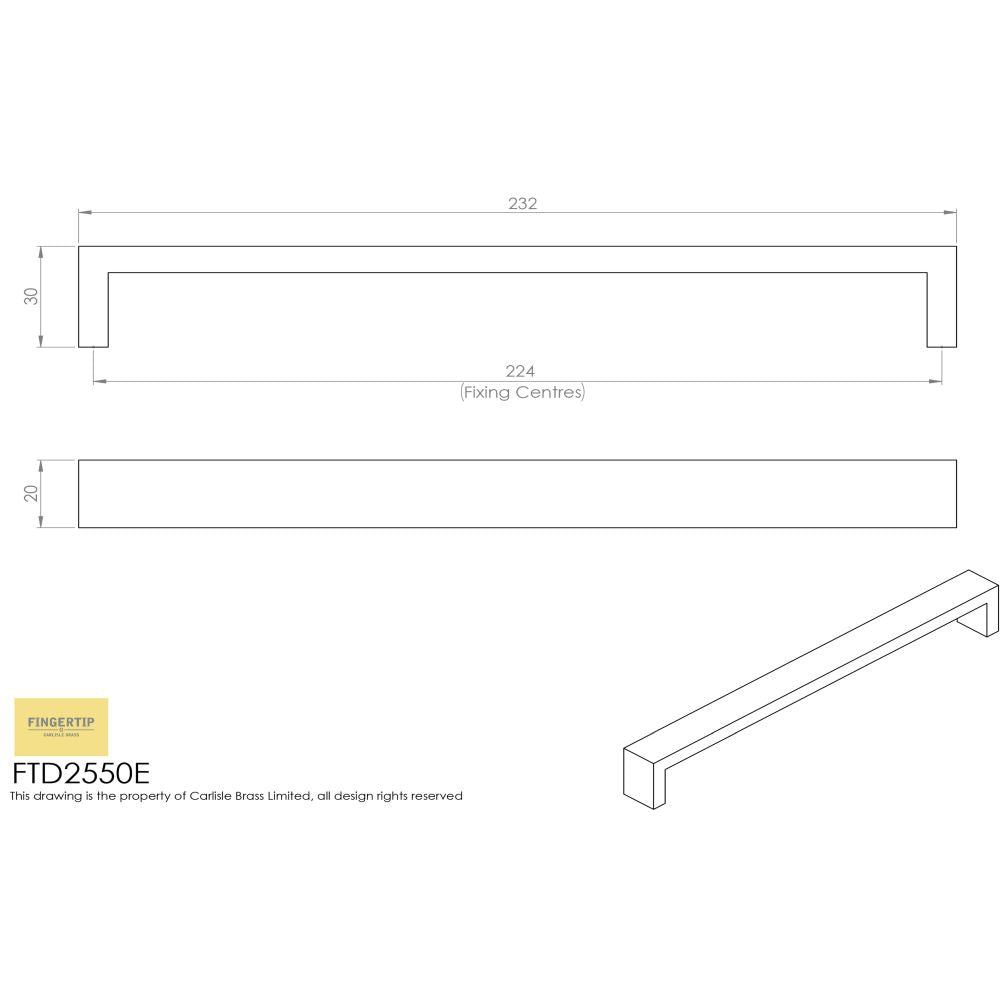This image is a line drwaing of a FTD - Rectangular Section D-Handle 224mm - Stainless Steel available to order from Trade Door Handles in Kendal