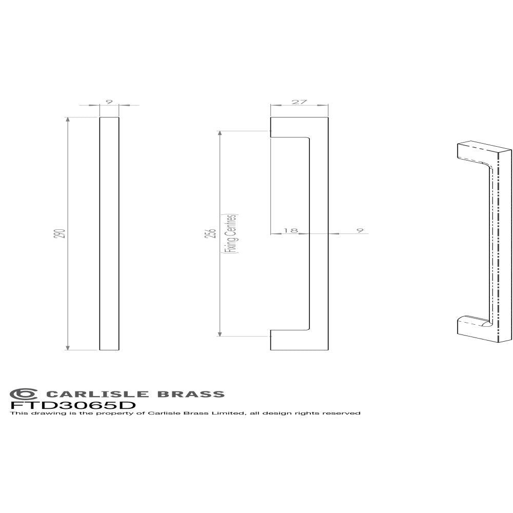 This image is a line drwaing of a FTD - Slim D Handle 290mm - Polished Chrome available to order from Trade Door Handles in Kendal