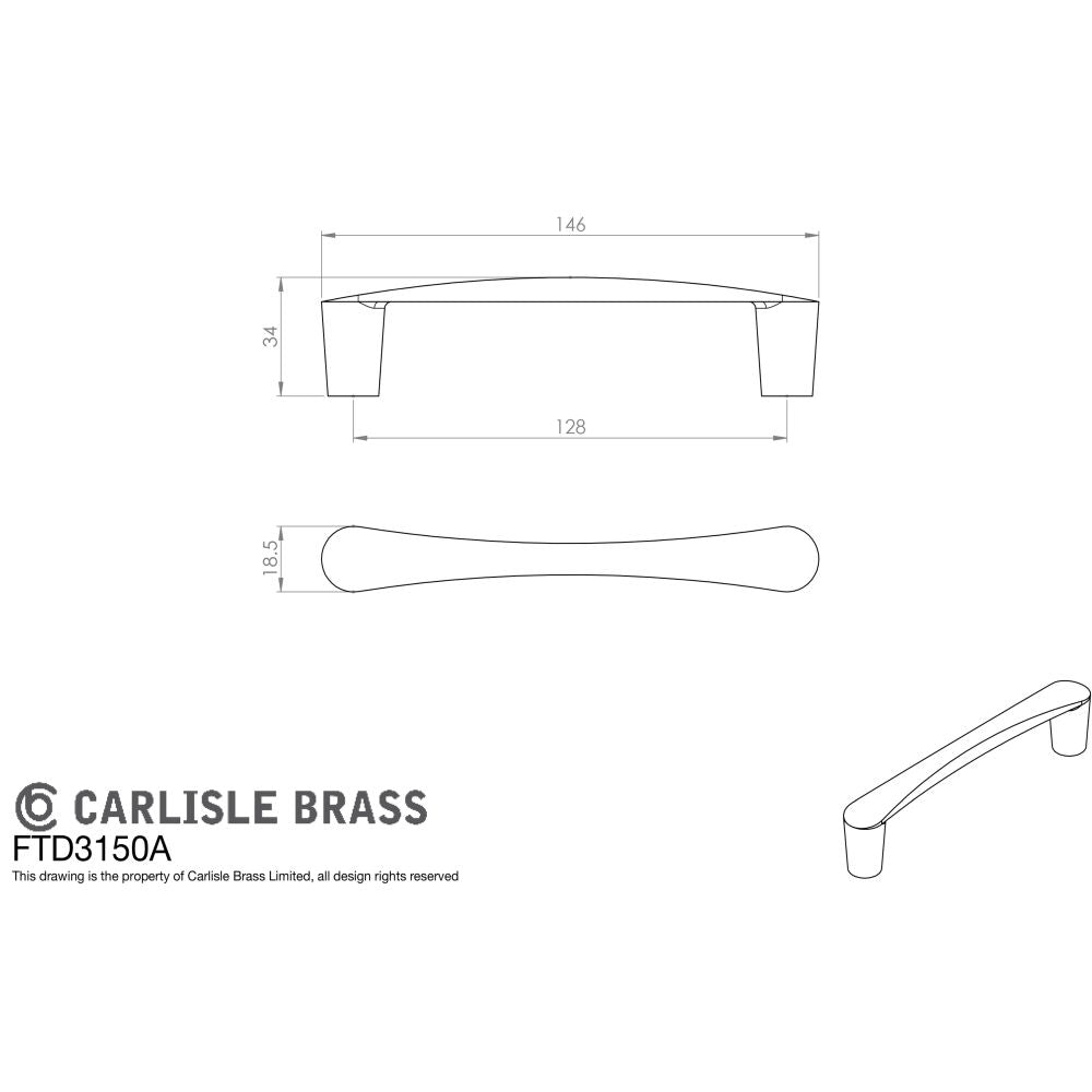 This image is a line drwaing of a FTD - Venturi D Handle 128mm - Satin Nickel available to order from Trade Door Handles in Kendal