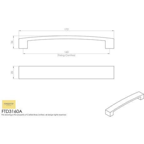 This image is a line drwaing of a FTD - Curva Bow Handle 160mm - Satin Nickel available to order from Trade Door Handles in Kendal