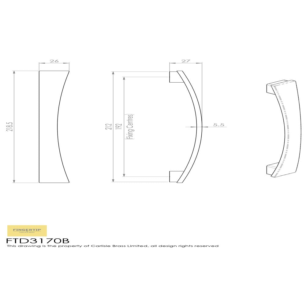 This image is a line drwaing of a FTD - Valetta Bow Handle 192mm - Satin Nickel available to order from Trade Door Handles in Kendal