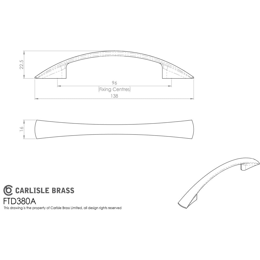 This image is a line drwaing of a FTD - Waisted Flat Bow Handle 96mm - Satin Nickel available to order from Trade Door Handles in Kendal