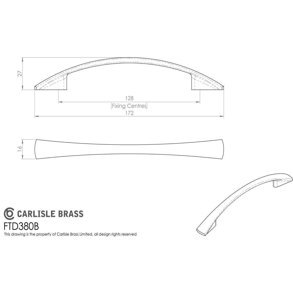 This image is a line drwaing of a FTD - Waisted Flat Bow Handle 128mm - Satin Nickel available to order from Trade Door Handles in Kendal