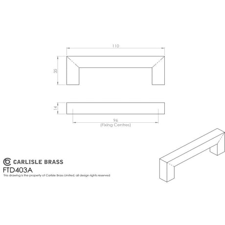 This image is a line drwaing of a FTD - Linear Handle 96mm C/C - Satin Stainless Steel available to order from Trade Door Handles in Kendal