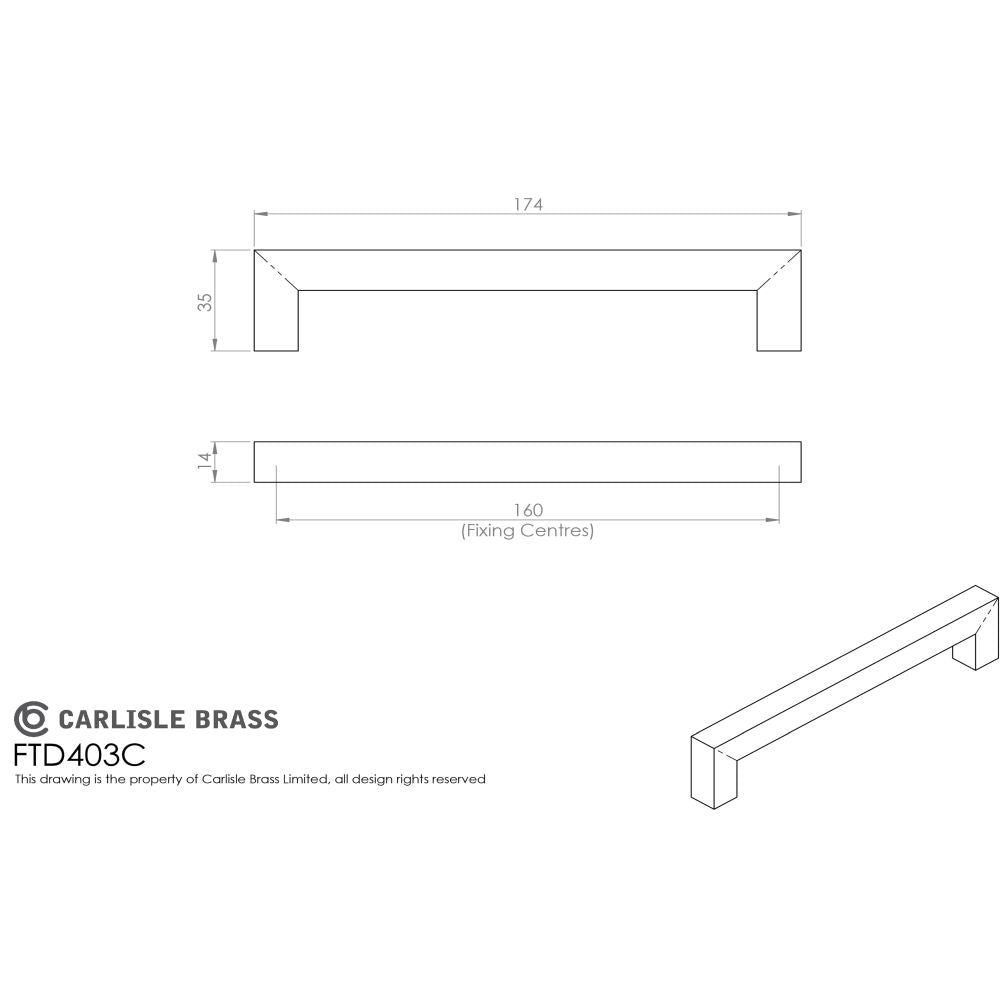 This image is a line drwaing of a FTD - Linear Handle 160mm C/C - Satin Stainless Steel available to order from Trade Door Handles in Kendal