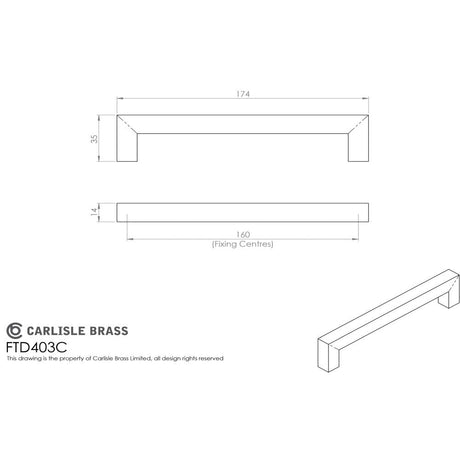 This image is a line drwaing of a FTD - Linear Handle 160mm C/C - Satin Stainless Steel available to order from Trade Door Handles in Kendal